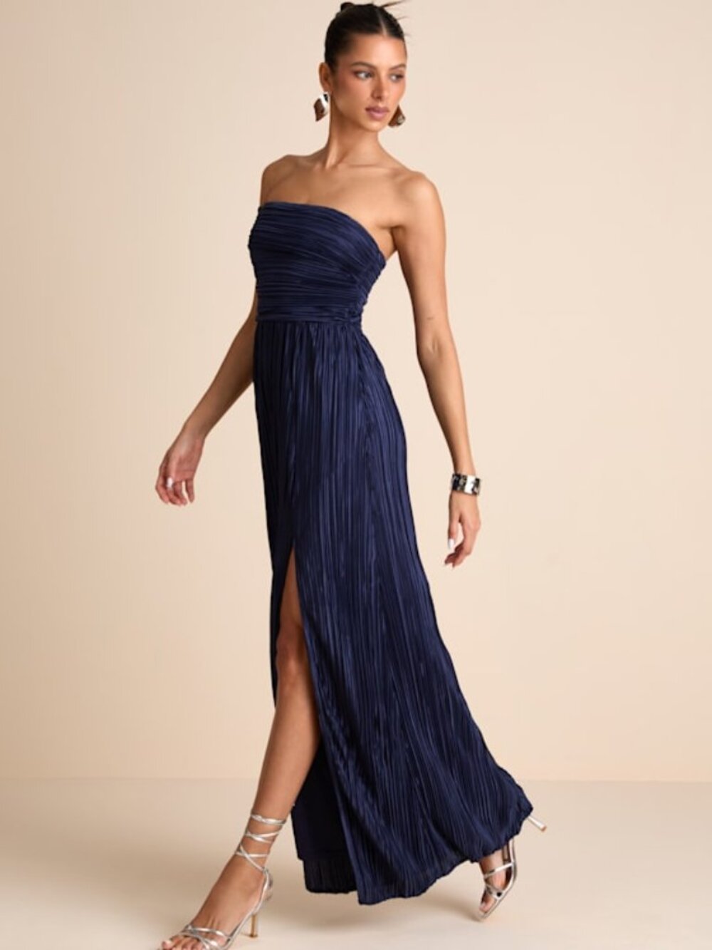Lulus Poised Performance Navy Plisse One-shoulder Maxi Dress Blue - Size M